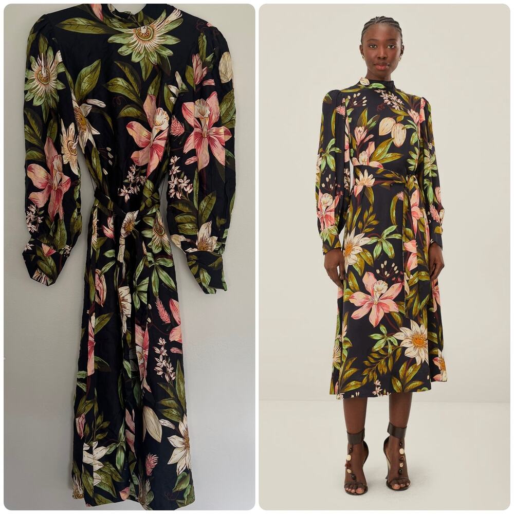 Farm Rio Black Surreal Flowers High Neck Midi Dress